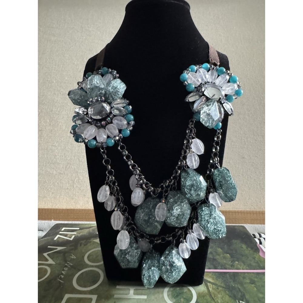Coldwater Creek Chunky Aqua Beaded Layered Ribbon Necklace